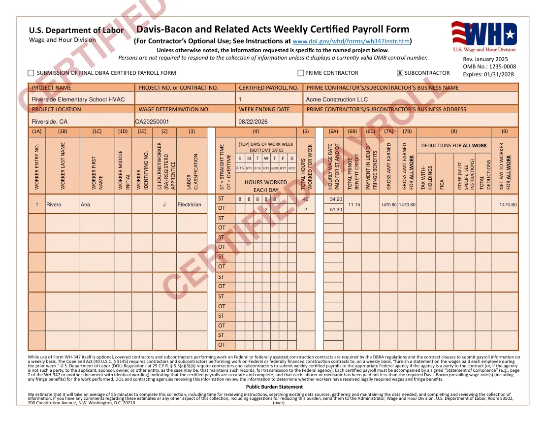 WH-347 page 1: worker hours, classification, hourly rate, fringe, and gross pay, watermarked as a sample