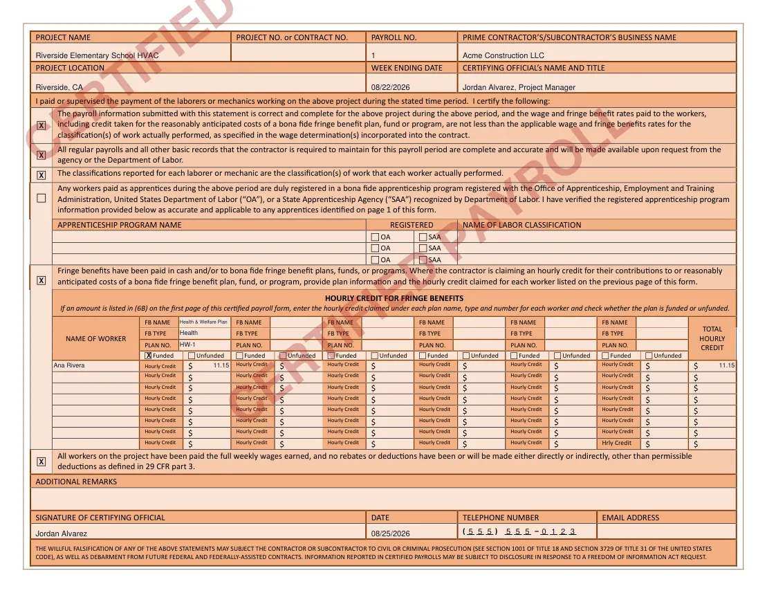 WH-347 page 2: the signed Statement of Compliance with fringe benefit plan details, watermarked as a sample